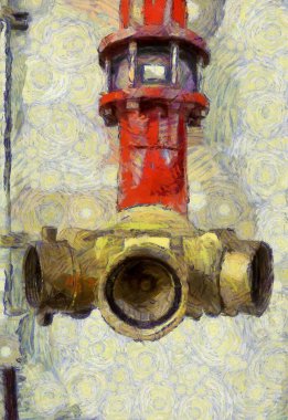 Kırmızı yangın söndürme vanası ve hortum illüstrasyonları empresyonist bir resim tarzı yaratıyor..