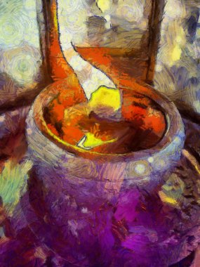 Küresel lambalar ve alevler çizimlerin empresyonist bir stilini yaratıyor..