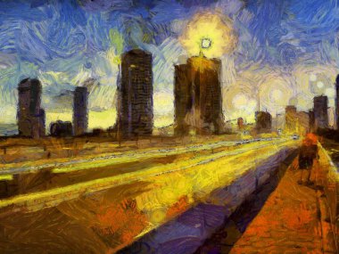 Geceleri Chao Phraya Nehri 'nin manzarası Illustrations, empresyonist bir resim tarzı yaratır..