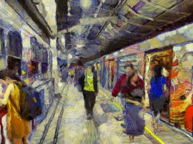 Geceleri gökyüzü tren istasyonunun manzarası Illustrations bir empresyonist resim tarzı yaratır..