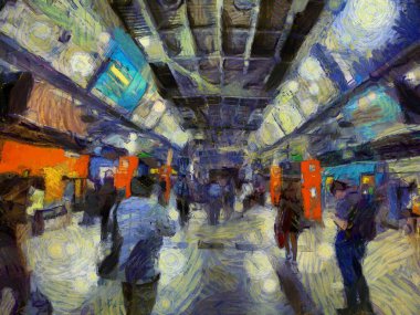 Geceleri gökyüzü tren istasyonunun manzarası Illustrations bir empresyonist resim tarzı yaratır..