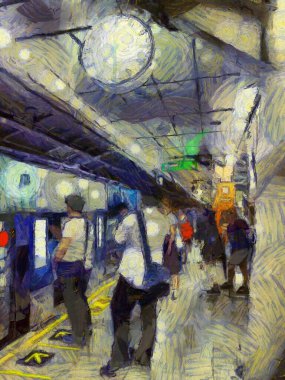 Geceleri gökyüzü tren istasyonunun manzarası Illustrations bir empresyonist resim tarzı yaratır..