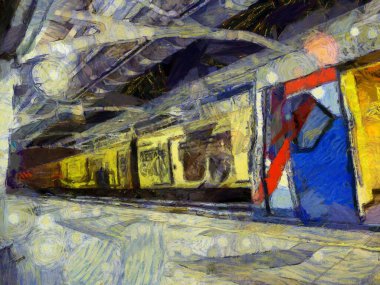 Geceleri gökyüzü tren istasyonunun manzarası Illustrations bir empresyonist resim tarzı yaratır..