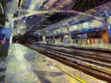 Geceleri gökyüzü tren istasyonunun manzarası Illustrations bir empresyonist resim tarzı yaratır..