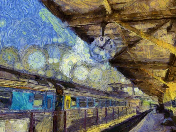 Relógio Grande Estação Ferroviária Ilustrações Cria Estilo Impressionista Pintura — Fotografia de Stock