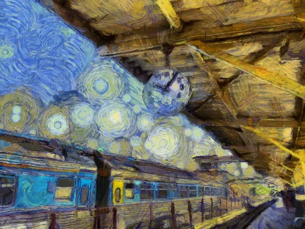 Relógio Grande Estação Ferroviária Ilustrações Cria Estilo Impressionista Pintura — Fotografia de Stock