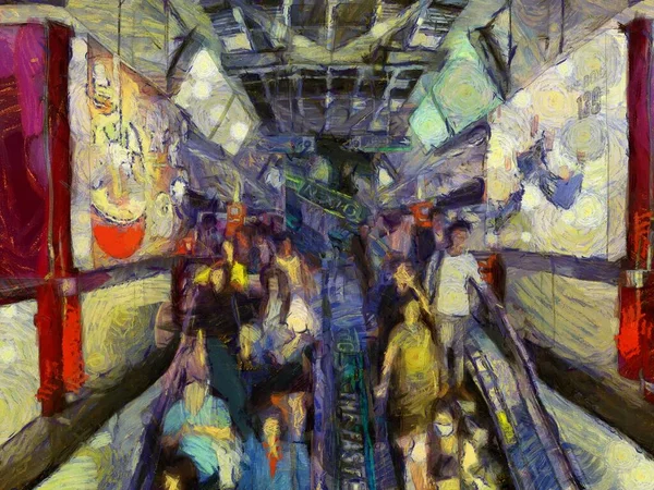 Geceleri gökyüzü tren istasyonunun manzarası Illustrations bir empresyonist resim tarzı yaratır..