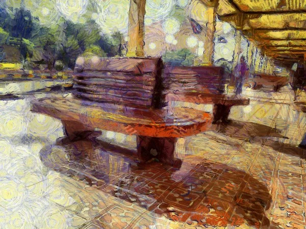 Ancient Wooden Seat Train Station Illustrations Creates Impressionist Style Painting — Stock Photo, Image