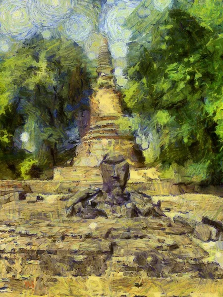 Forntida Ruiner Ayutthaya Illustrationer Skapar Impressionistisk Stil Måleri — Stockfoto