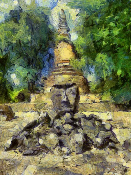 Ancient Ruins in Ayutthaya Illustrations creates an impressionist style of painting.