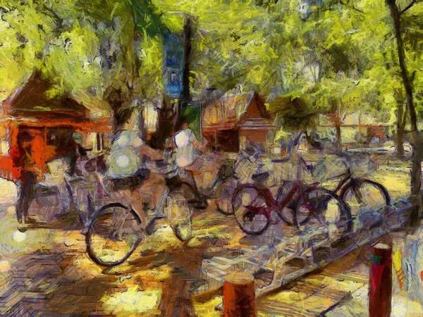Parktaki umumi bisiklet parkı Illustrations resim yapmanın empresyonist bir stilini yaratıyor.