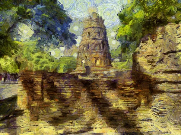 Ruínas Antigas Ayutthaya Ilustrações Cria Estilo Impressionista Pintura — Fotografia de Stock