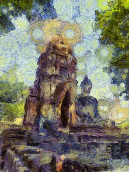 Ancient Ruins Ayutthaya Illustrations Creates Impressionist Style Painting — Stock Photo, Image