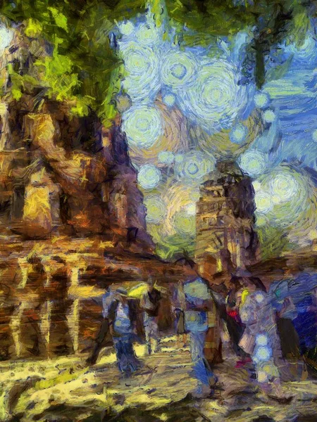 Ancient Ruins Ayutthaya Illustrations Creates Impressionist Style Painting — Stock Photo, Image