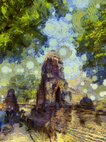 Ancient Ruins Ayutthaya Illustrations Creates Impressionist Style Painting — Stock Photo, Image