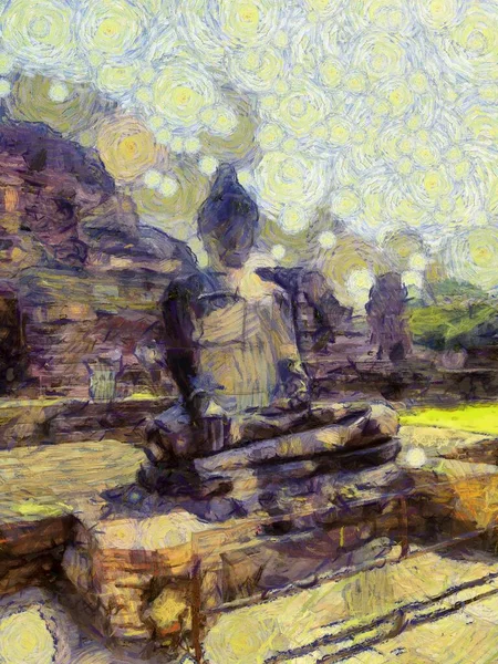 Ruínas Antigas Ayutthaya Ilustrações Cria Estilo Impressionista Pintura — Fotografia de Stock