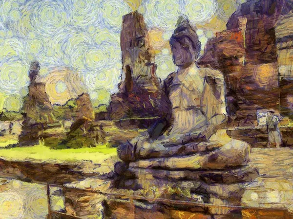 Ruinas Antiguas Ayutthaya Illustrations Crea Estilo Impresionista Pintura — Foto de Stock