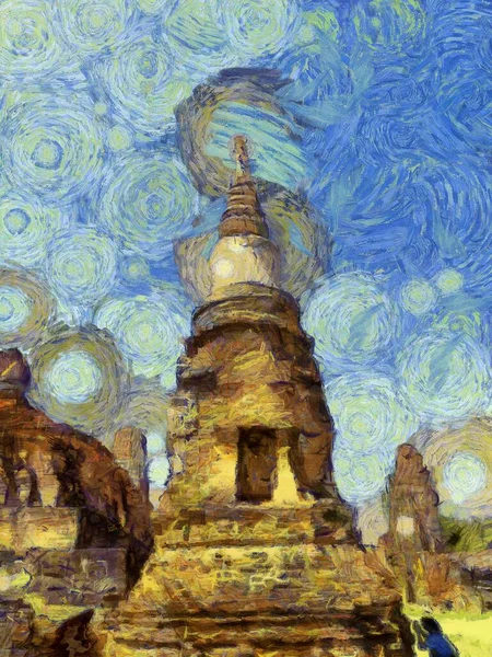 Ruinas Antiguas Ayutthaya Illustrations Crea Estilo Impresionista Pintura — Foto de Stock