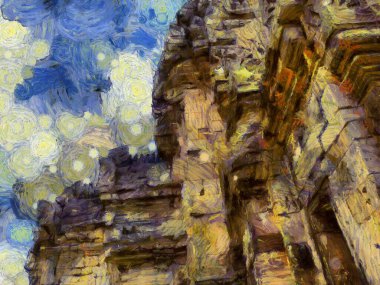 Tayland Illustrations 'daki antik taş şatonun manzarası empresyonist bir resim tarzı yaratır..