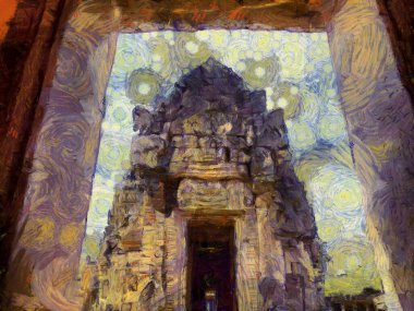 Tayland Illustrations 'daki antik taş şatonun manzarası empresyonist bir resim tarzı yaratır..