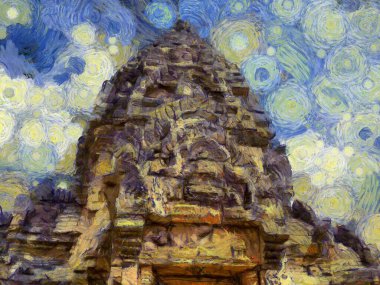 Tayland Illustrations 'daki antik taş şatonun manzarası empresyonist bir resim tarzı yaratır..