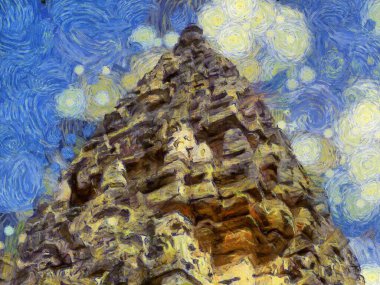 Tayland Illustrations 'daki antik taş şatonun manzarası empresyonist bir resim tarzı yaratır..