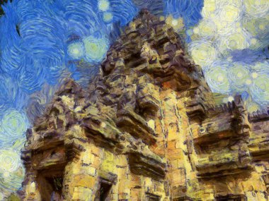 Tayland Illustrations 'daki antik taş şatonun manzarası empresyonist bir resim tarzı yaratır..