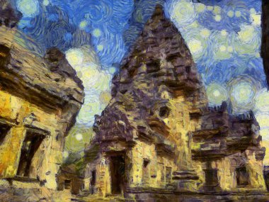 Tayland Illustrations 'daki antik taş şatonun manzarası empresyonist bir resim tarzı yaratır..