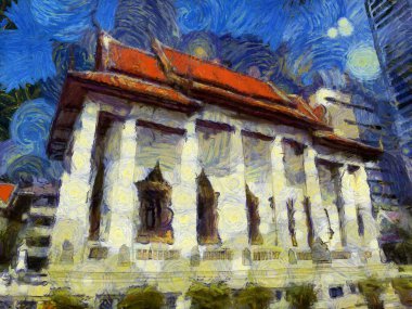 Bangkok Illustrations 'daki antik Tayland mimarisi empresyonist bir resim tarzı yarattı.