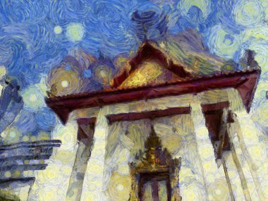 Bangkok Illustrations 'daki antik Tayland mimarisi empresyonist bir resim tarzı yarattı.