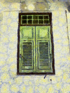 Yeşil antika ahşap pencere resimleri empresyonist bir resim tarzı yaratıyor..