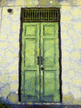 Yeşil antika ahşap kapı Illustrations, empresyonist bir resim tarzı yaratır..