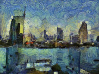 Bangkok Illustrations şehrindeki yüksek binaların manzarası empresyonist bir resim tarzı yaratıyor.