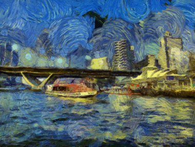 Bangkok Illustrations 'daki Chao Phraya Nehri' nin manzarası empresyonist bir resim tarzı yaratıyor..