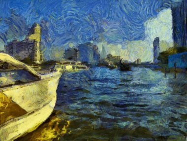 Bangkok Illustrations 'daki Chao Phraya Nehri' nin manzarası empresyonist bir resim tarzı yaratıyor..