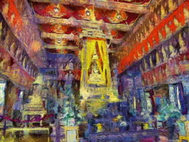 Antik Tayland mimari illüstrasyonlarının iç manzarası empresyonist bir resim tarzı yaratır..