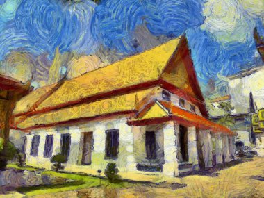 Antik Tayland mimari manzarası Illustrations bir empresyonist resim stili oluşturur.