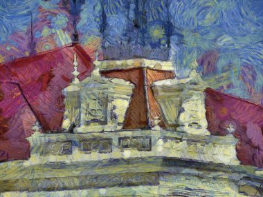 Antik binanın çatısı Illustrations, empresyonist bir resim tarzı yaratıyor..
