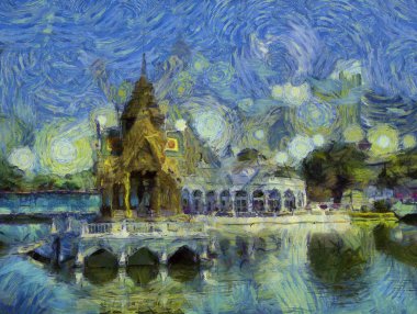 Sarayın manzarası, Tayland ve Illustrations Empresyonist bir resim tarzı yaratıyor..