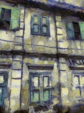 Eski terk edilmiş binaların manzarası Illustrations, empresyonist bir resim tarzı yaratır..