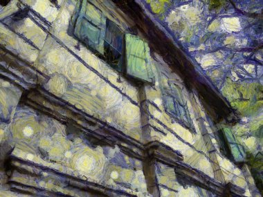 Eski terk edilmiş binaların manzarası Illustrations, empresyonist bir resim tarzı yaratır..