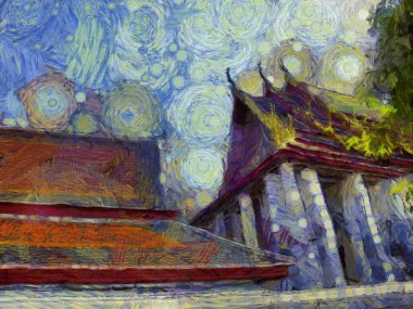 Wat Pho 'nun Bangkok Illustrations' daki manzarası empresyonist bir resim tarzı yaratıyor..