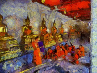 Wat Pho 'nun Bangkok Illustrations' daki manzarası empresyonist bir resim tarzı yaratıyor..