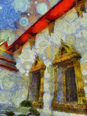 Wat Pho 'nun Bangkok Illustrations' daki manzarası empresyonist bir resim tarzı yaratıyor..