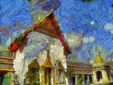 Wat Pho 'nun Bangkok Illustrations' daki manzarası empresyonist bir resim tarzı yaratıyor..