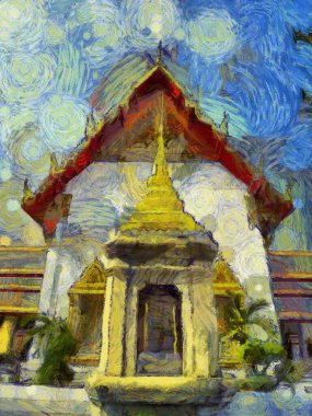 Wat Pho 'nun Bangkok Illustrations' daki manzarası empresyonist bir resim tarzı yaratıyor..