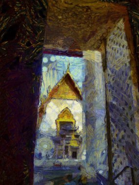 Wat Pho 'nun Bangkok Illustrations' daki manzarası empresyonist bir resim tarzı yaratıyor..
