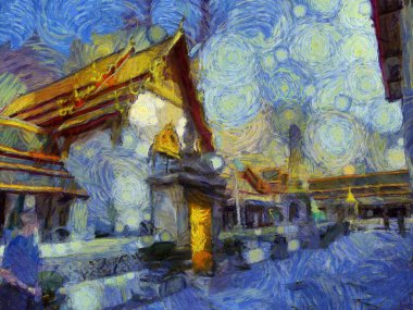 Wat Pho 'nun Bangkok Illustrations' daki manzarası empresyonist bir resim tarzı yaratıyor..