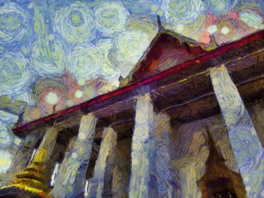 Wat Pho 'nun Bangkok Illustrations' daki manzarası empresyonist bir resim tarzı yaratıyor..