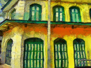 Antik gotik binaların sarı manzarası İllüstrasyonlar empresyonist bir resim tarzı yaratır.